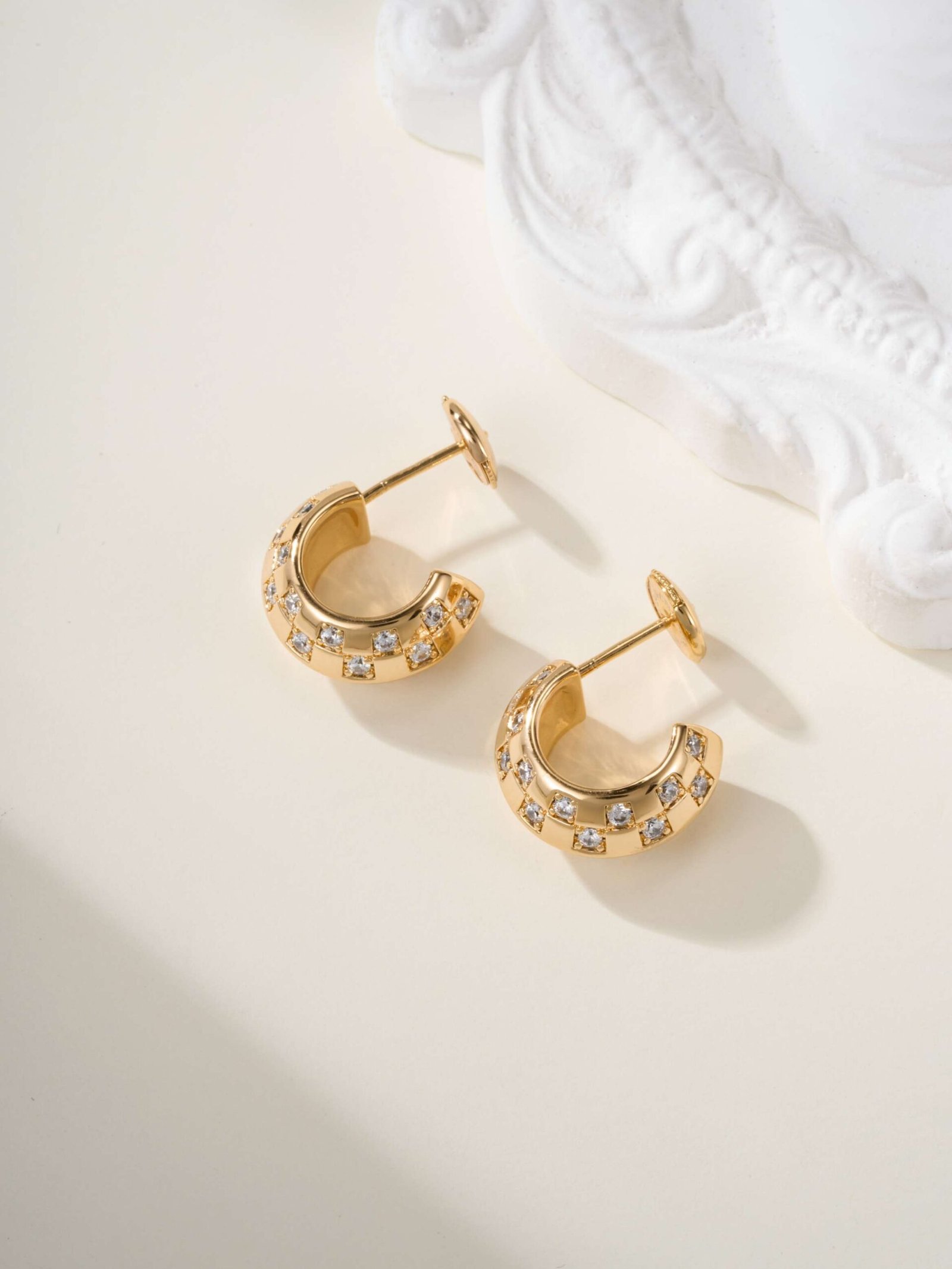 LV Damier pattern classic checkered square diamond earrings - Image 4