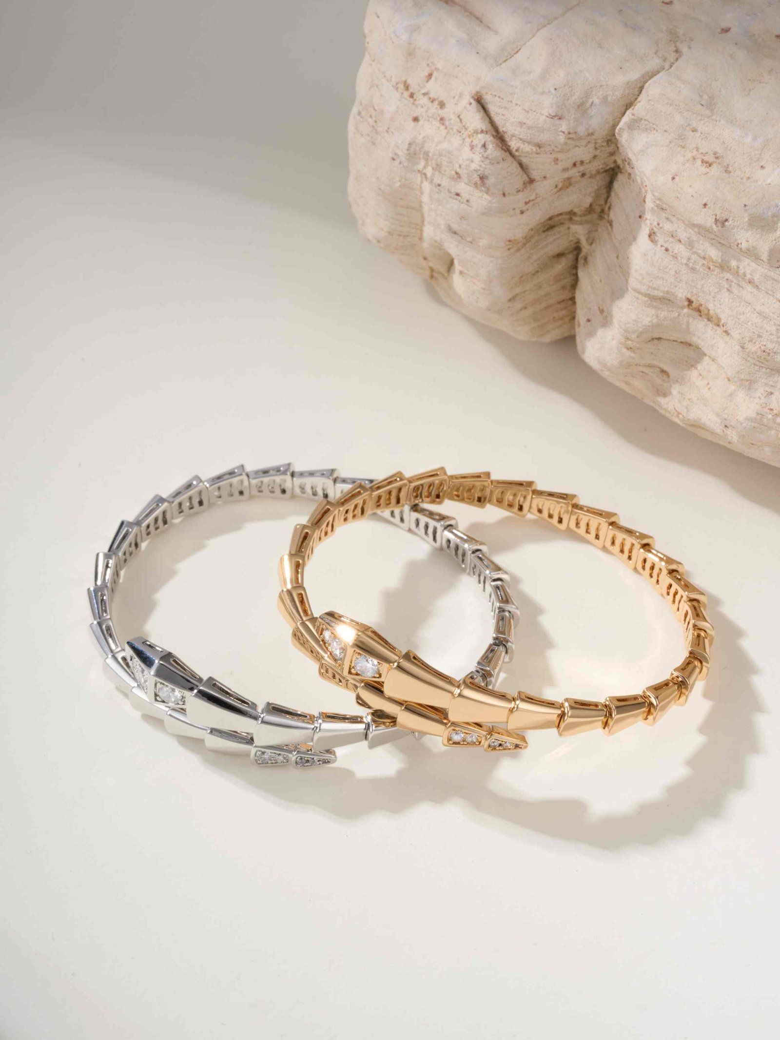 Elastic snake bracelet with diamond studded head and tail