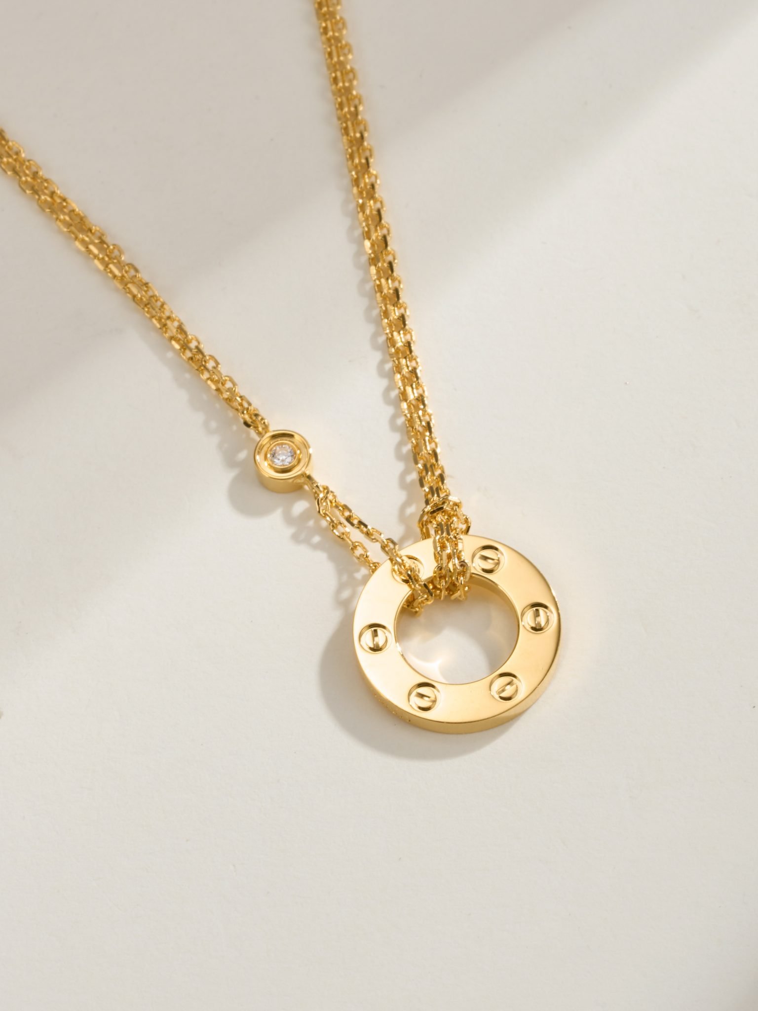 Double chain pancake single diamond necklace - 图片 2