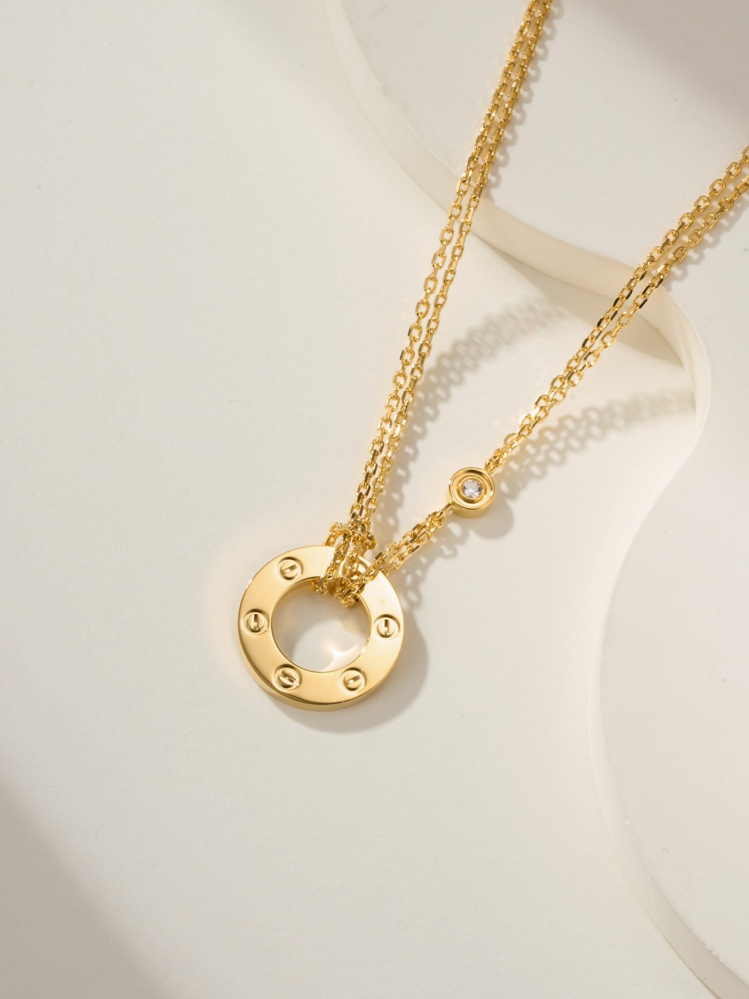 Double chain pancake single diamond necklace - 图片 3