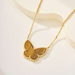 Lucky Butterfly Pendant Gold Tiger Eye Stone Necklace