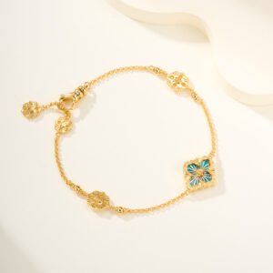 BU Opera Series Gold 3-Pattern Single Flower Enamel Blue Bracelet (Small)