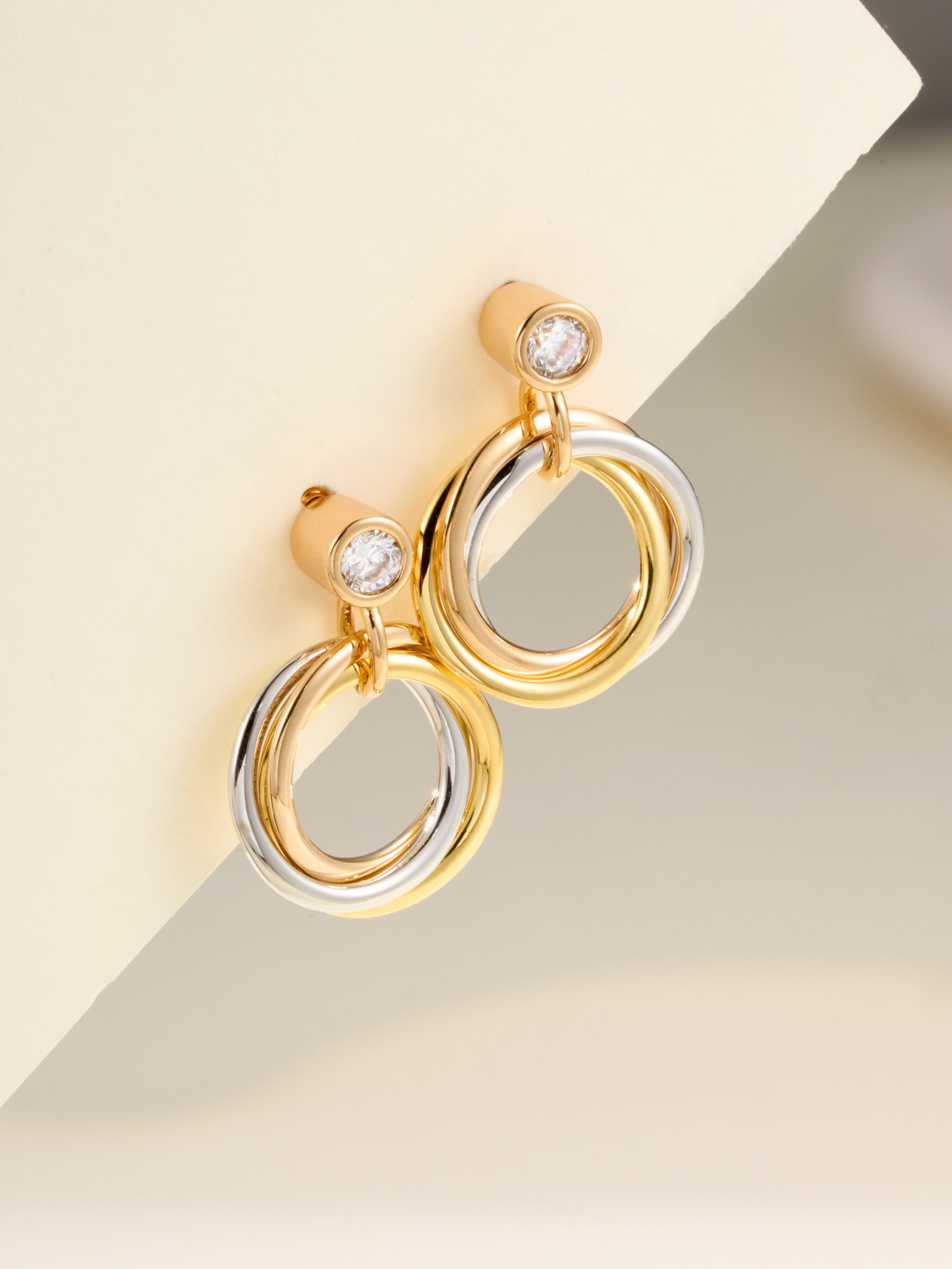 TRINITY Three Color Ring Single Diamond Mini Earrings - Image 2