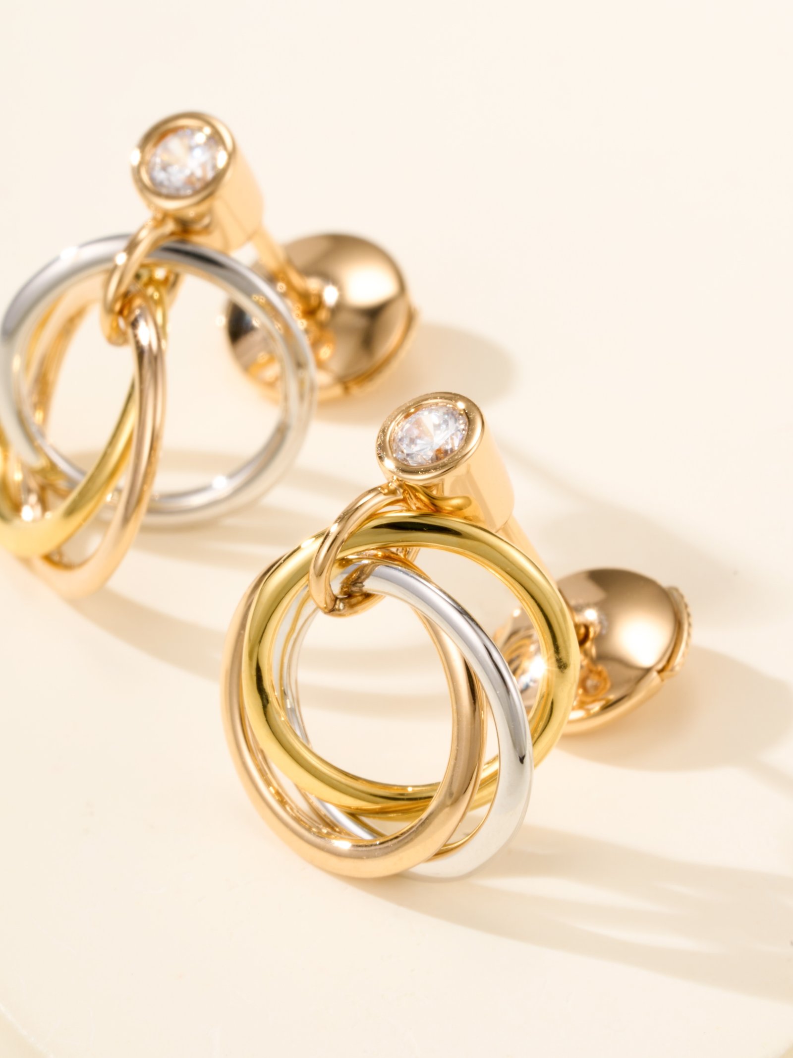 TRINITY Three Color Ring Single Diamond Mini Earrings - Image 4