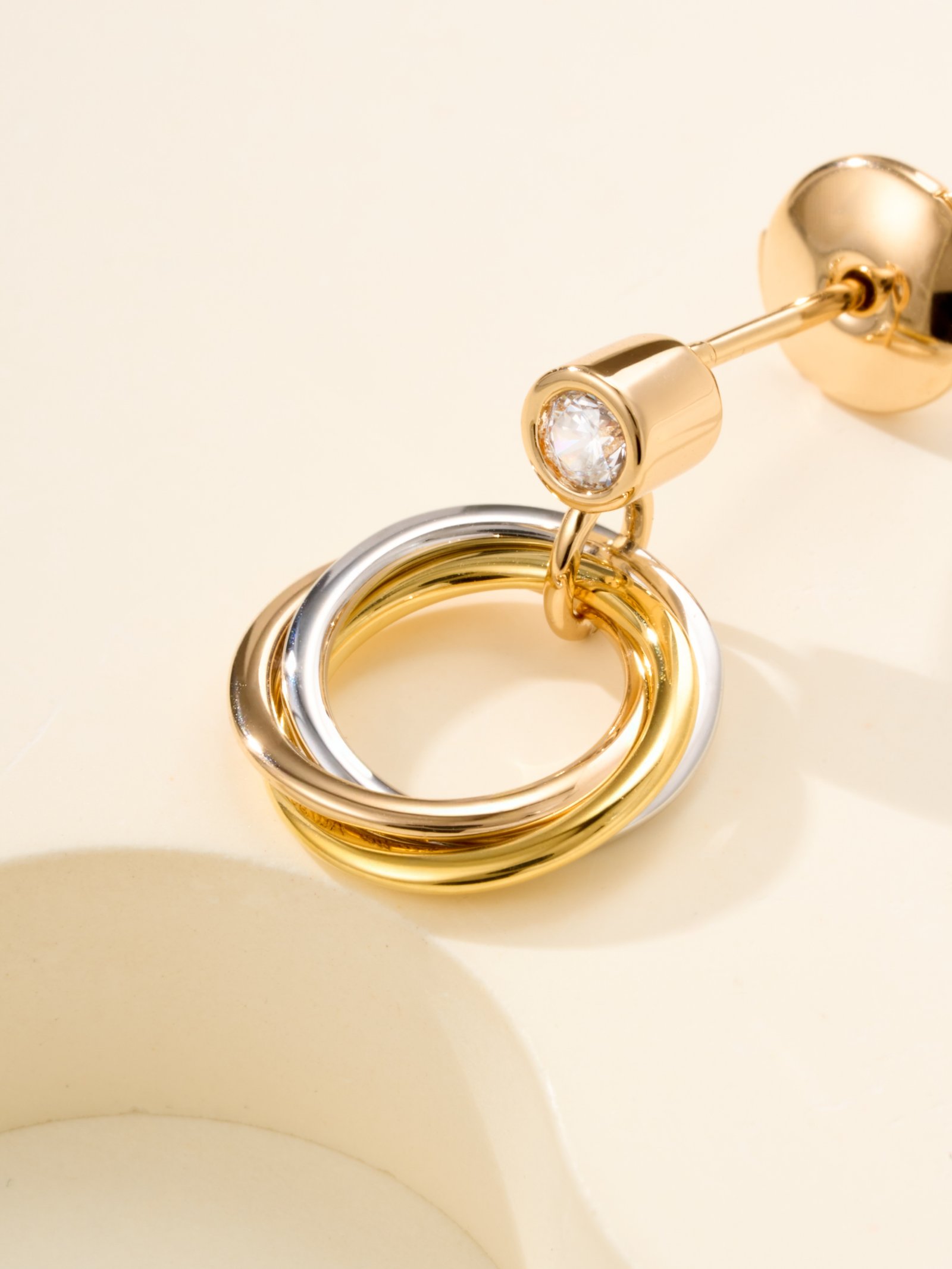 TRINITY Three Color Ring Single Diamond Mini Earrings - Image 5