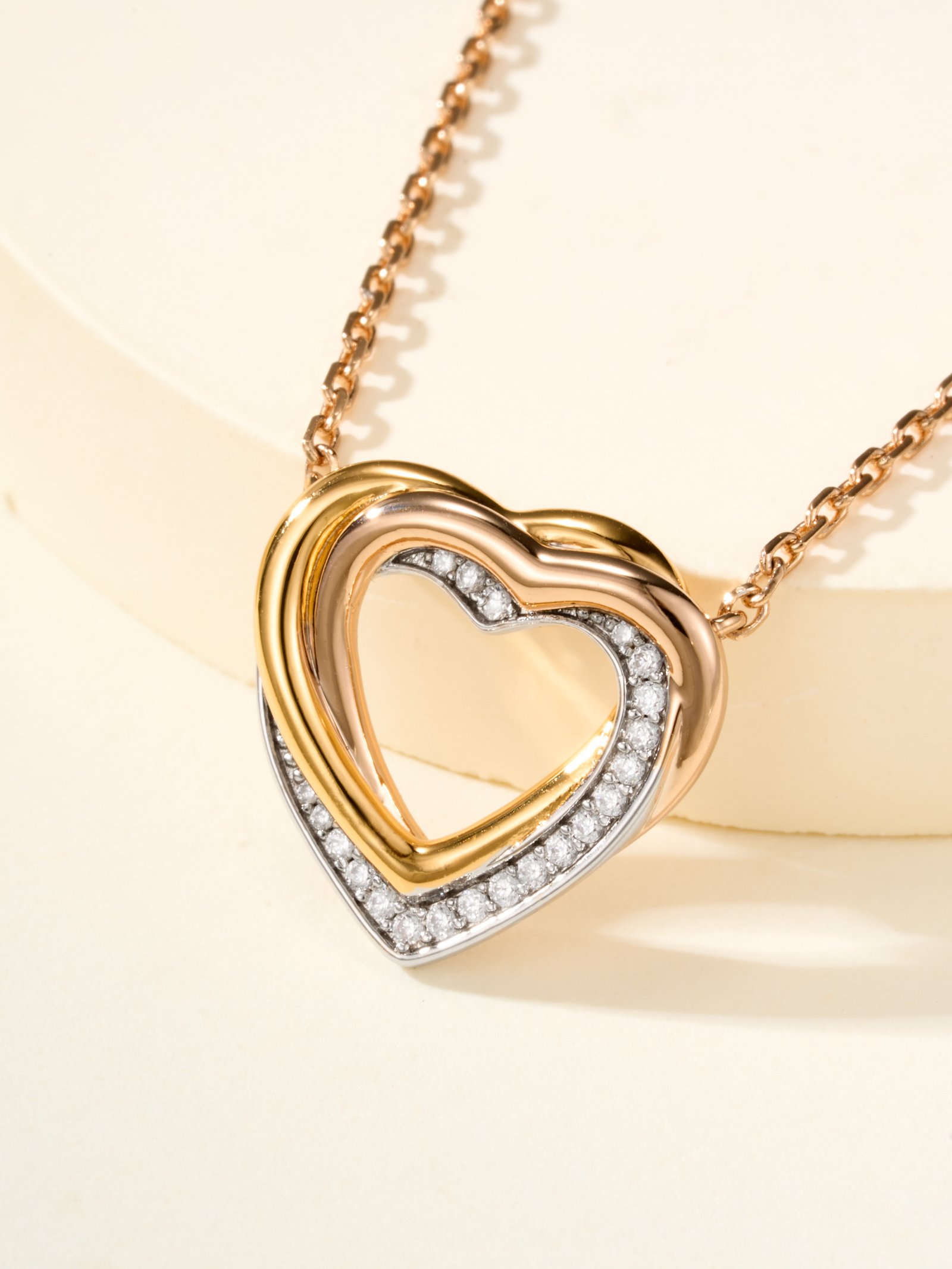 Trinity heart-shaped tricolor diamond studded small necklace - 图片 5