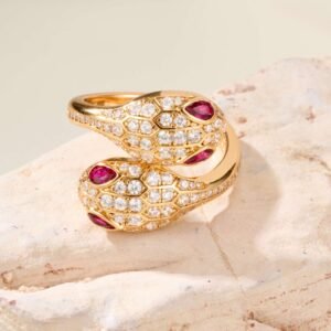 BV Double Snake Head Full Diamond Red Green Eye Ring