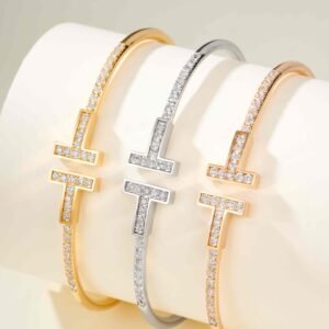 Double T half circle full diamond opening elastic bracelet