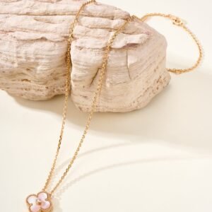 Classic single flower diamond studded pink shell necklace