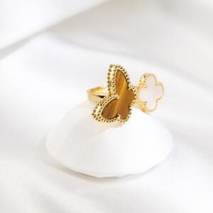 Lucky Alhambra Finger Flower Ring (White Shell+Coweye Stone)